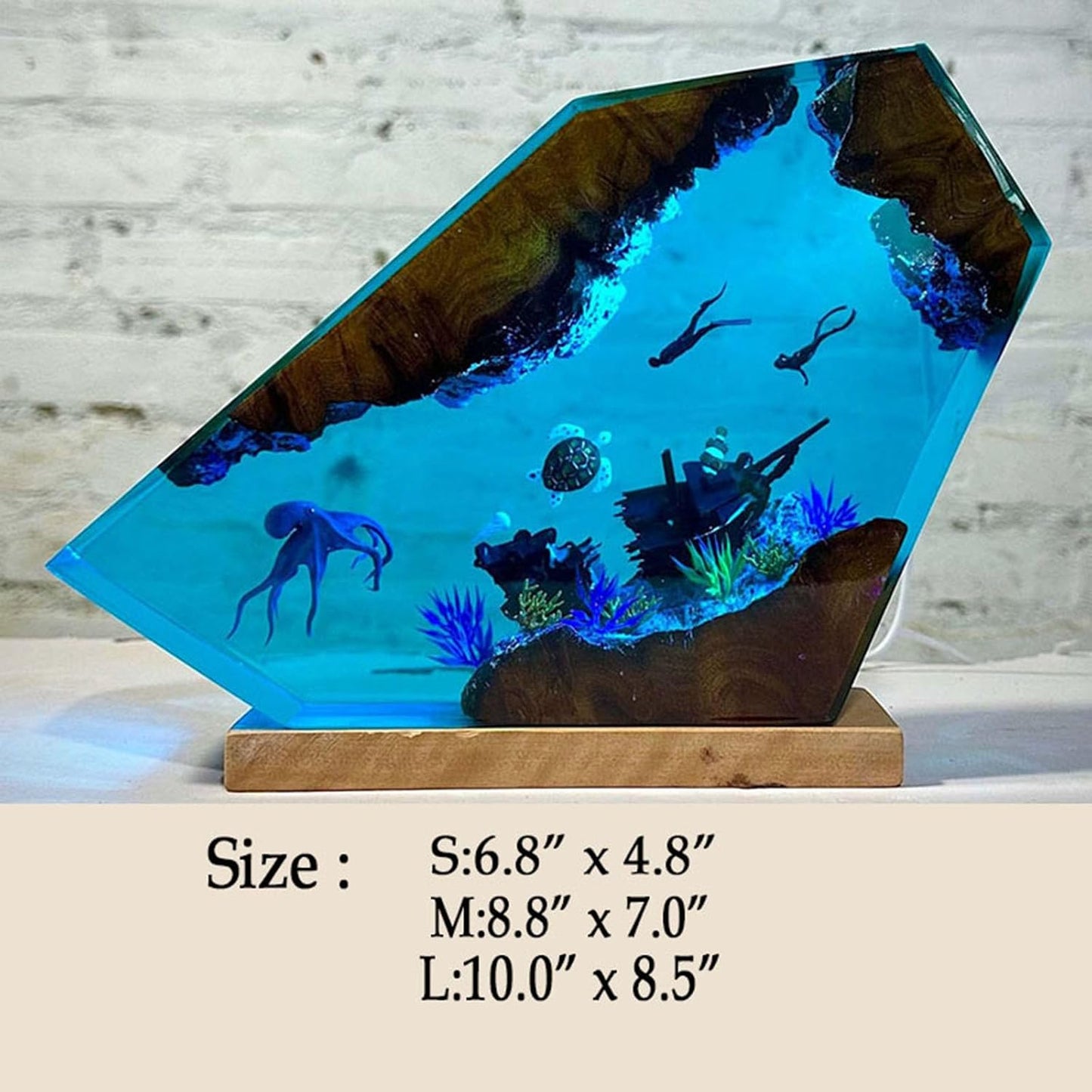 Ocean Creative Epoxy Resin Wood Light Lamp, Handmade Aquatic Ocean Lamp Deep Sea Diver Cave Diving Enthusiasts Led Night Light